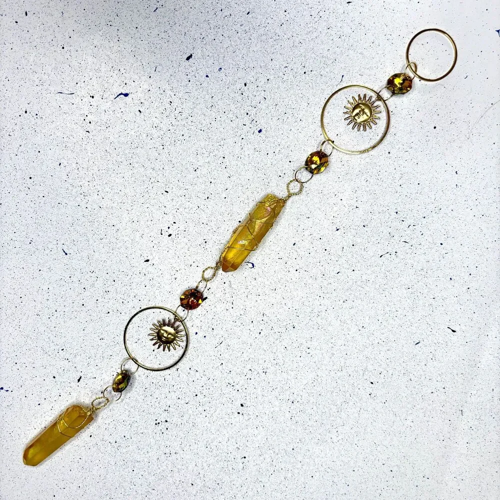 Yellow Aura Quartz Wall Hanging Gold Sun face Circle Frame  Amber Crystal Beads